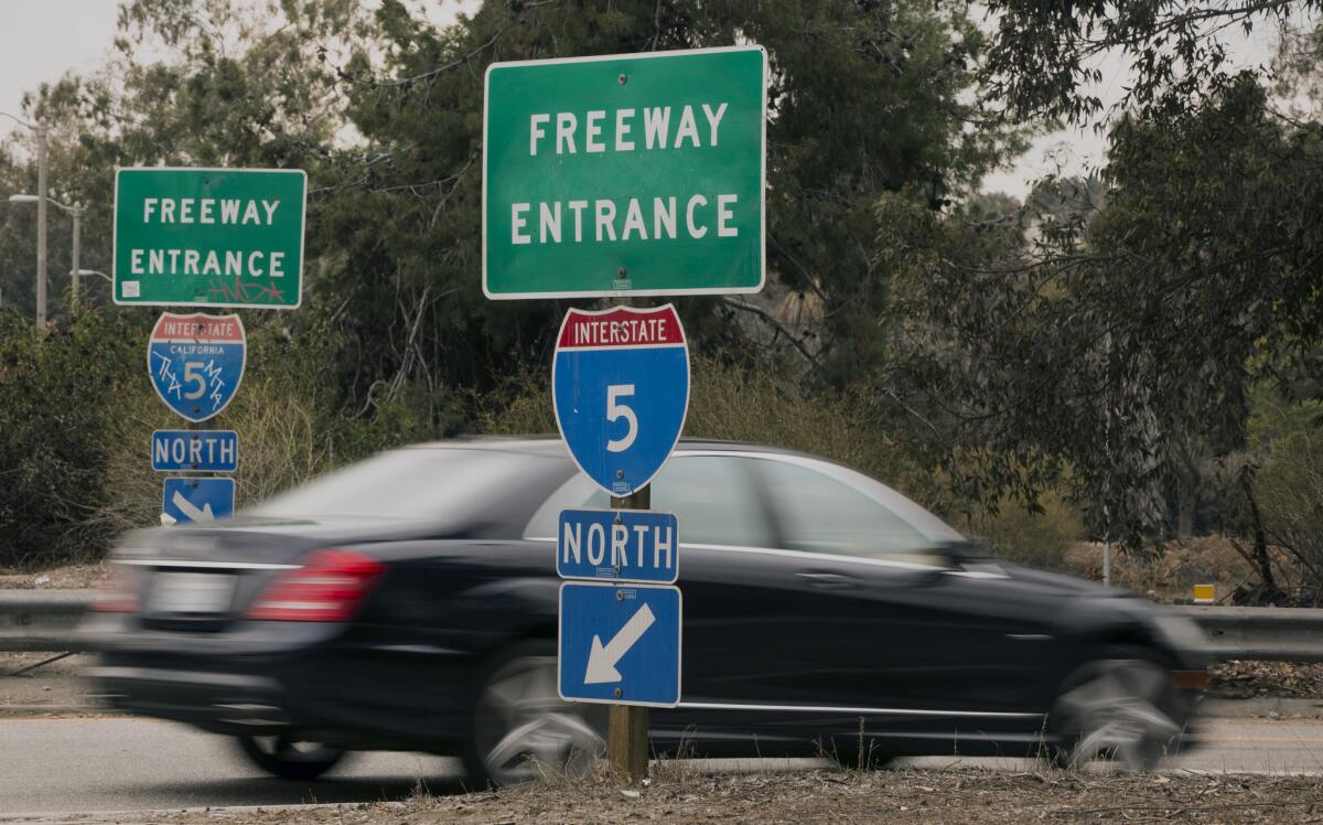 A car drives onto the 5 Freeway in Los Angeles -- the state's most congested route, according to new data from the California Department of Transportation.