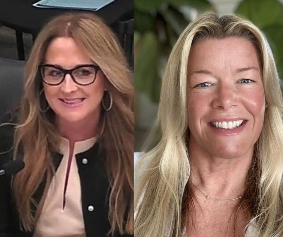 Preliminary results for NMUSD's Trustee Area 5 show GOP-backed Andrea McElroy, left, leading over challenger Kirstin Walsh.