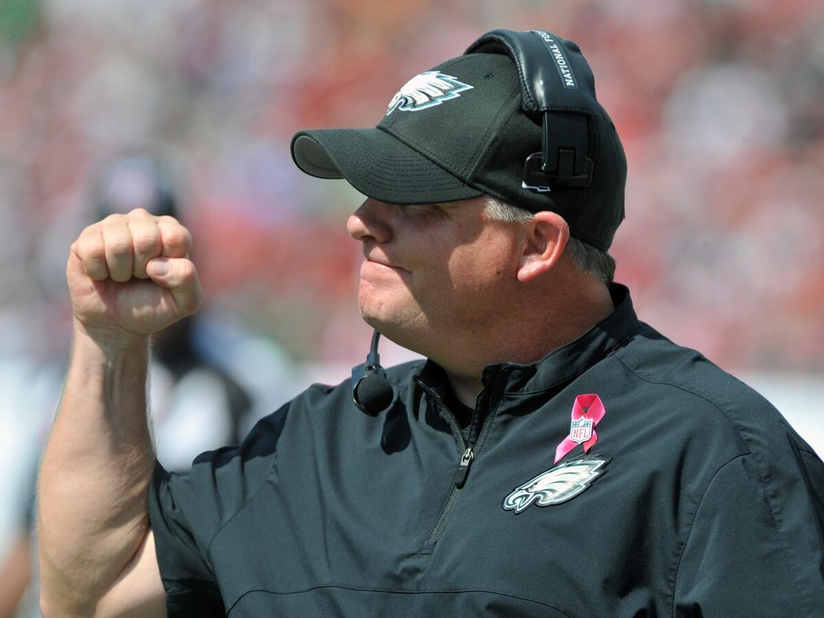 Philadelphia Coach Chip Kelly celebrates a touchdown during the Eagles' 31-20 win over the Tampa Bay Buccaneers on Sunday.