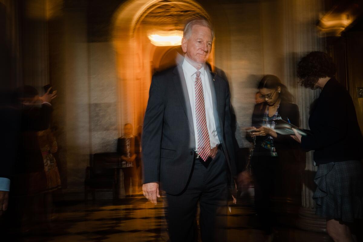 Sen. Tommy Tuberville (R-Ala.) departs the Senate chamber following a vote at the U.S. Capitol.