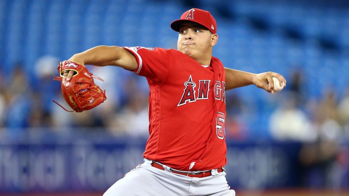 Angels starter Jose Suarez delivers a pitch in the first inning Thursday against the Toronto Blue Jays.