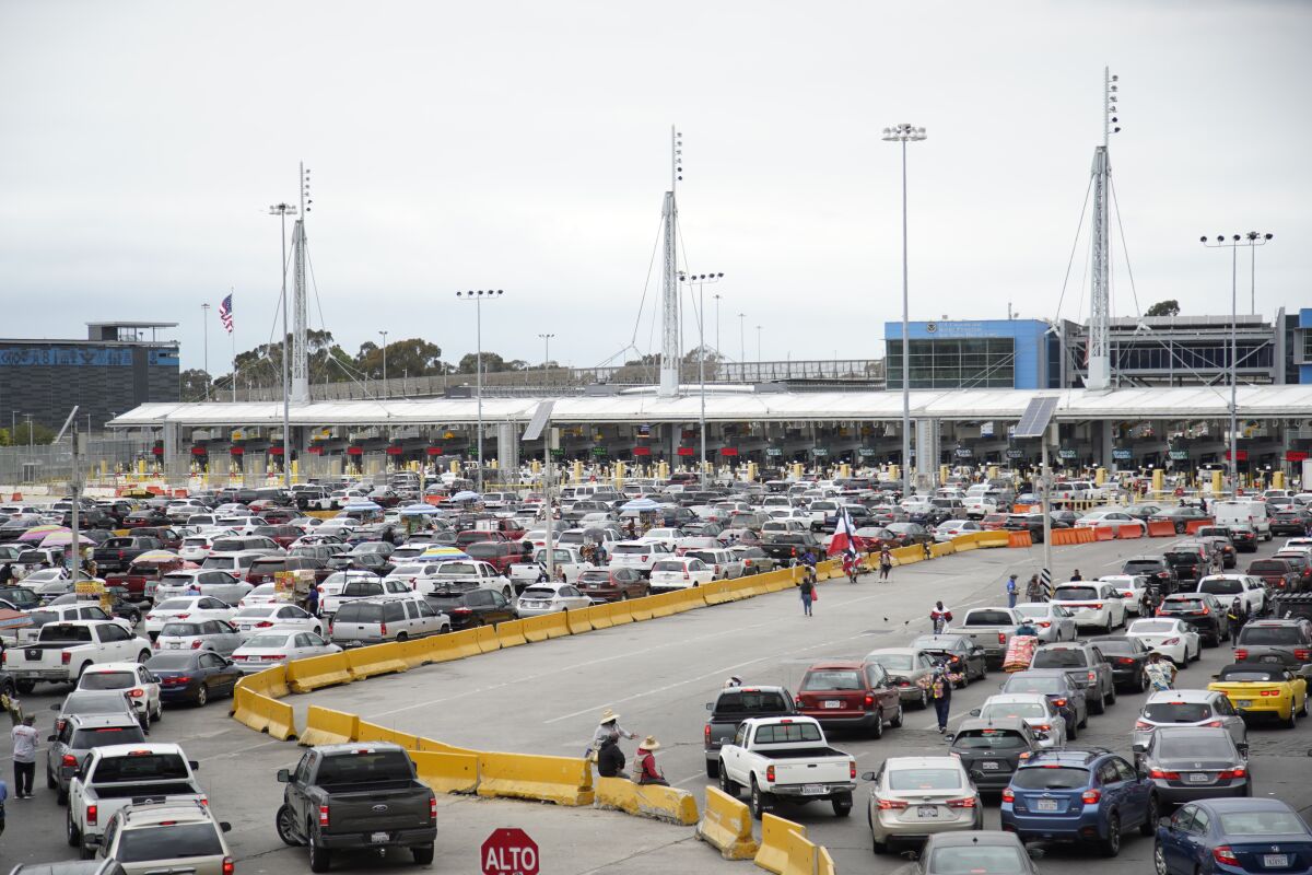 Lines of cars backed up at the San Ysidro border crossing in Tijuana on May 17