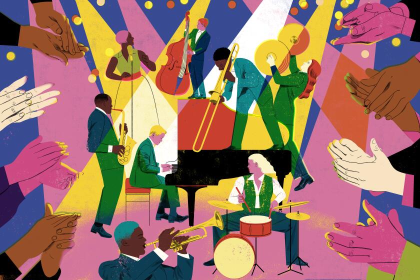 Illustration of a jazz band playing under colorful spotlights