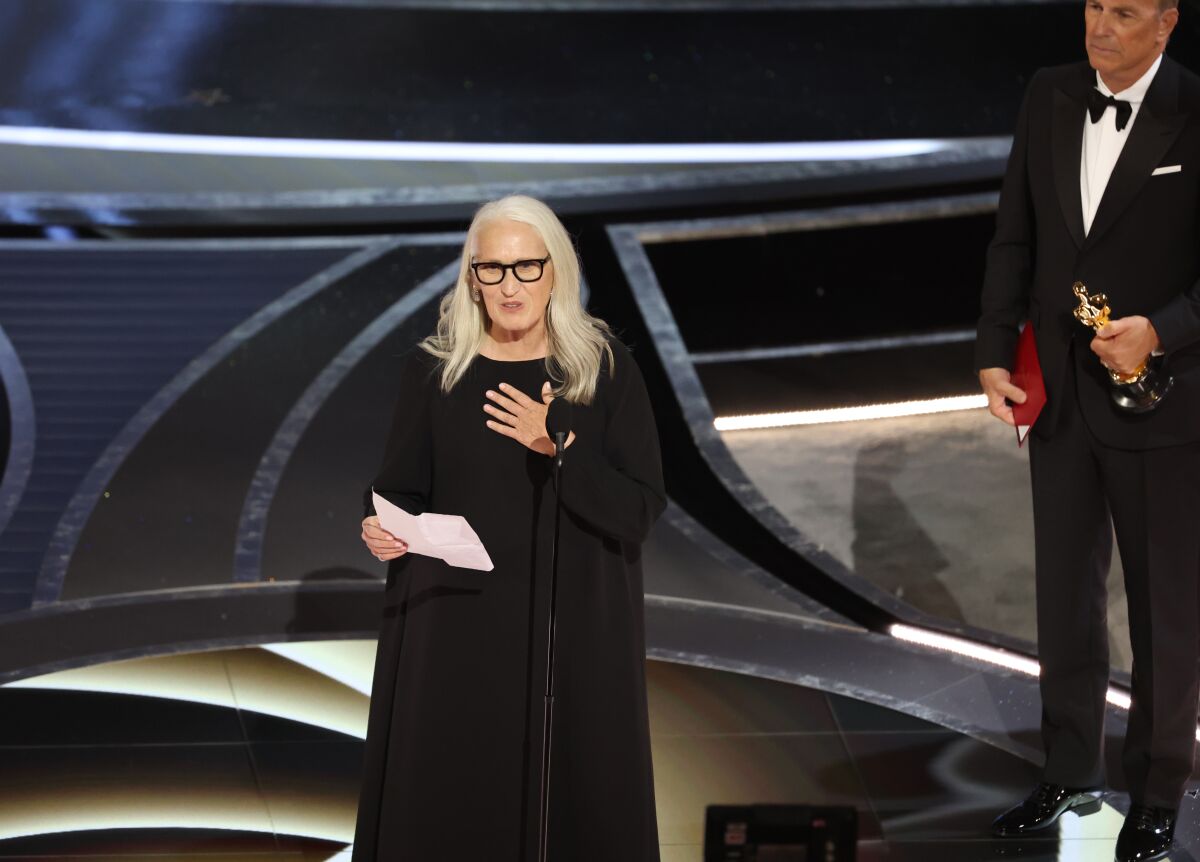 Director Jane Campion accepts the award for Best Director for "The Power of the Dog" at the Academy Awards.
