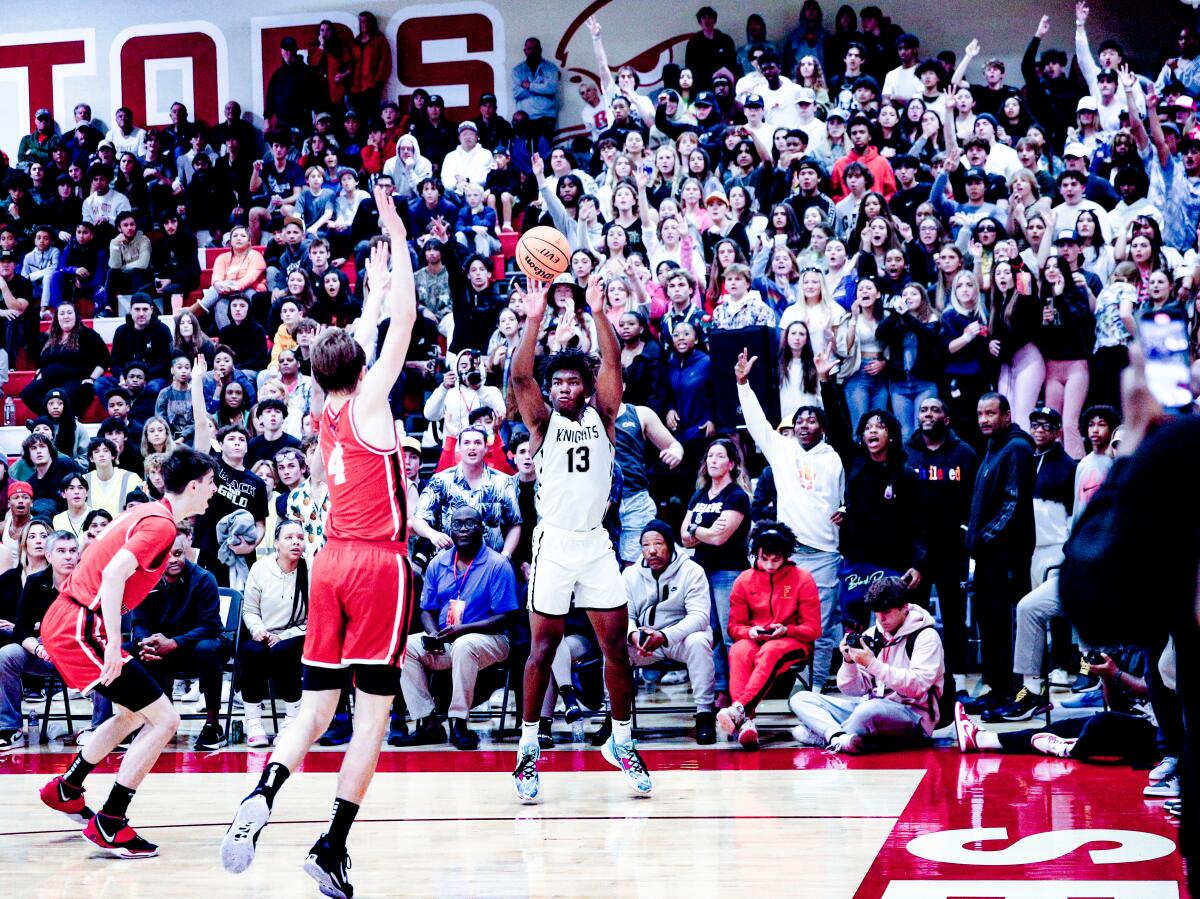 Will Smith of Bishop Montgomery launches a key three-point attempt as Knights fans prepare to erupt against Harvard-Westlake.