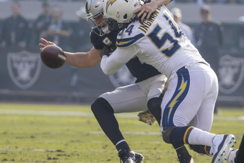 Chargers linebacker Melvin Ingram III knocks the ball loose as he sacks Oakland Raiders quarterback Derek Carr in the second quarter at Oakland-Alameda County Coliseum on Sunday.