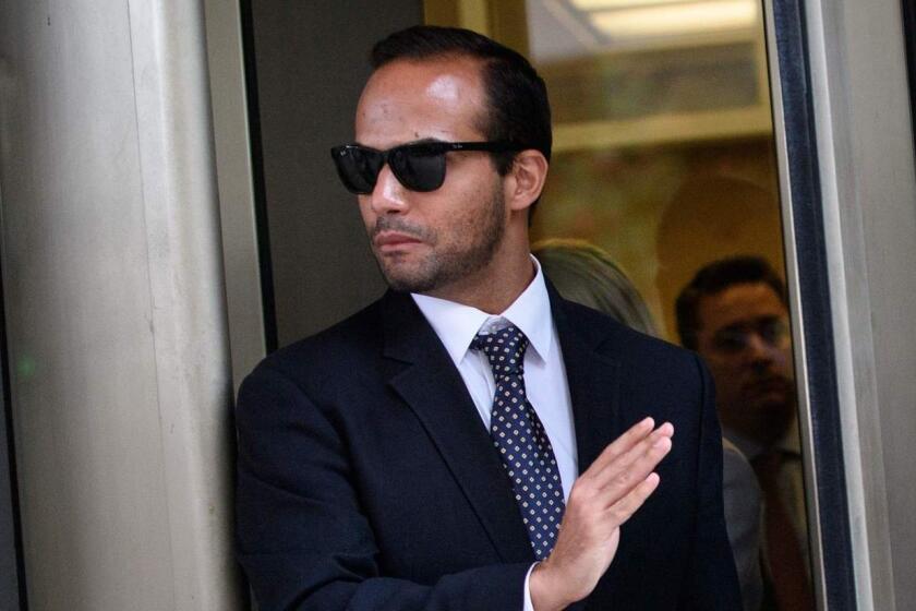 (FILES) In this file photo taken on September 7, 2018 Foreign policy advisor to US President Donald Trump's election campaign, George Papadopoulos leaves the US District Courts after his sentencing in Washington, DC. - George Papadopoulos sparked the first FBI inquiry into Russian involvement in the 2016 US election when, as a Trump campaign advisor, he let slip that Moscow had offered him dirt on Hillary Clinton. Now he's the first to cash in on the scandal. Just out of prison in December 2018, where he spent two weeks for lying to investigators about his Russia contacts, Papadopoulos is already filming a documentary about his case, and has a book on the way to boot: "Deep State Target." (Photo by MANDEL NGAN / AFP)MANDEL NGAN/AFP/Getty Images ** OUTS - ELSENT, FPG, CM - OUTS * NM, PH, VA if sourced by CT, LA or MoD **