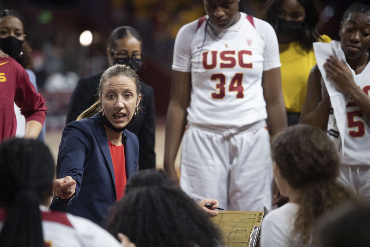 USC coach Lindsay Gottlieb talks to her team during a timeout against Hawaii on Nov. 11.