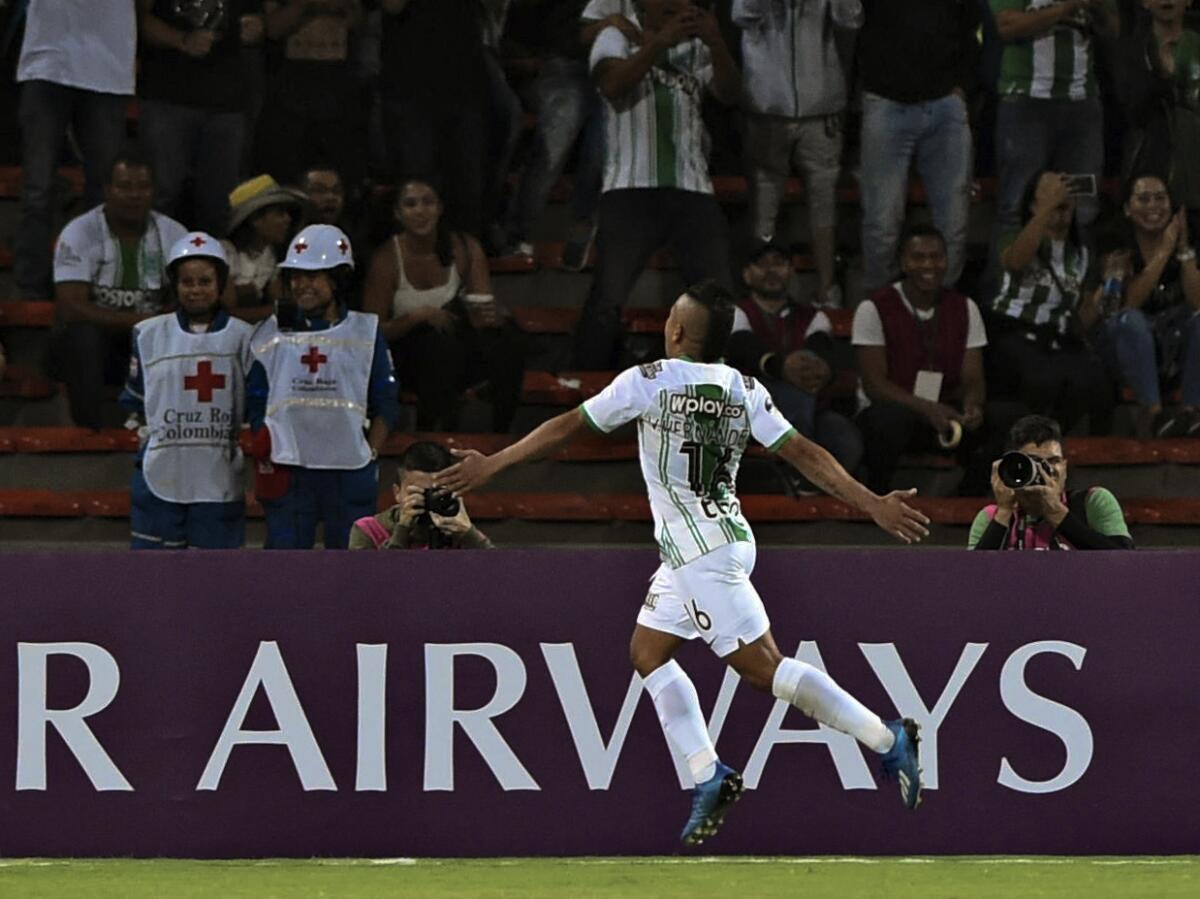 Colombia's Atletico Nacional Vladimir Hernandez celebrates his goal against Argentina's Huracan during their Copa Sudamericana football match at the Atanasio Girardot stadium, in Medellin, Colombia on February 5, 2020. (Photo by JOAQUIN SARMIENTO / AFP) (Photo by JOAQUIN SARMIENTO/AFP via Getty Images) ** OUTS - ELSENT, FPG, CM - OUTS * NM, PH, VA if sourced by CT, LA or MoD **