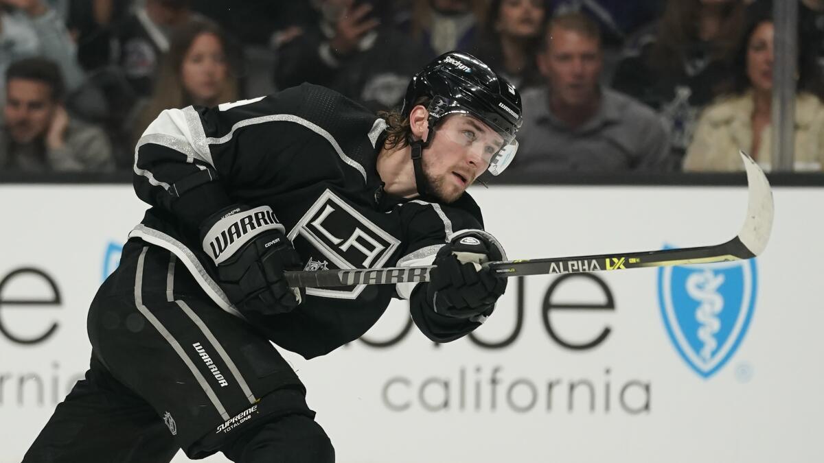 Kings center Adrian Kempe takes a shot against the Seattle Kraken on March 26.