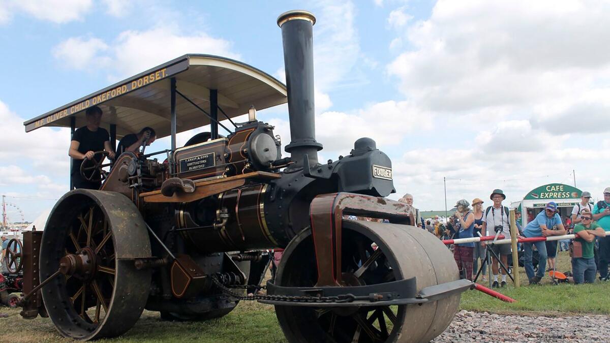 A steamroller destroys Terry Pratchett's unpublished work at the Great Dorset Steam Fair.