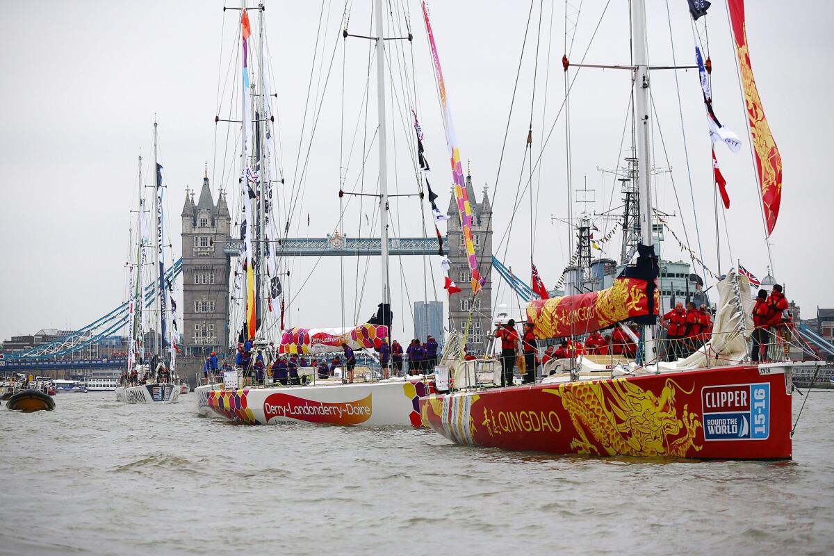 LONDON, ENGLAND - AUGUST 30: The Qindao (R) and Derry-Londonderry-Doire clipper 70 racing yachts sail past Tower Bridge after leaving St Katharine Docks on August 30, 2015 in London, England. The world's longest ocean race begins on August 31, with a 12-strong fleet visiting 14 ports on six continents and travelling 40,000 miles before returning to the British capital in July next year. (Photo by Carl Court/Getty Images) ** OUTS - ELSENT, FPG - OUTS * NM, PH, VA if sourced by CT, LA or MoD **