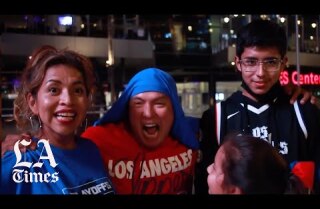 Fans outside Staples Center celebrate the Clippers curse-breaking victory