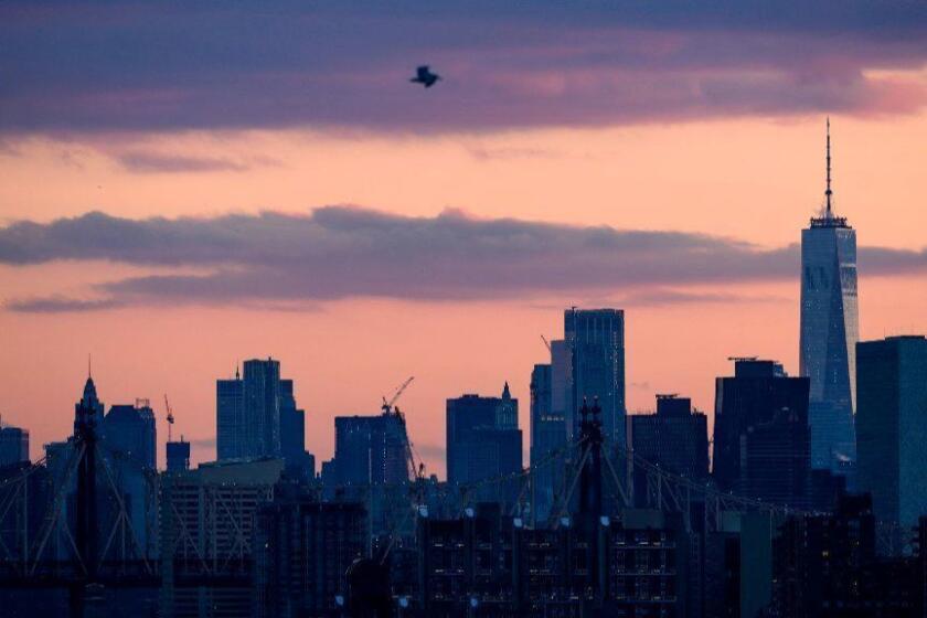 The sun sets behind the skyline of Manhattan on March 4, 2019 in New York City. (Photo by Johannes EISELE / AFP)JOHANNES EISELE/AFP/Getty Images ** OUTS - ELSENT, FPG, CM - OUTS * NM, PH, VA if sourced by CT, LA or MoD **