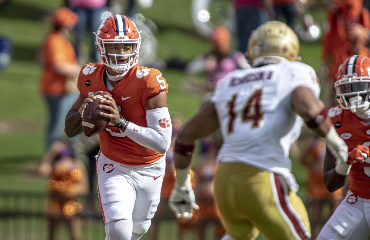 Clemson quarterback DJ Uiagalelei looks to pass against Boston College on Oct. 31, 2020.