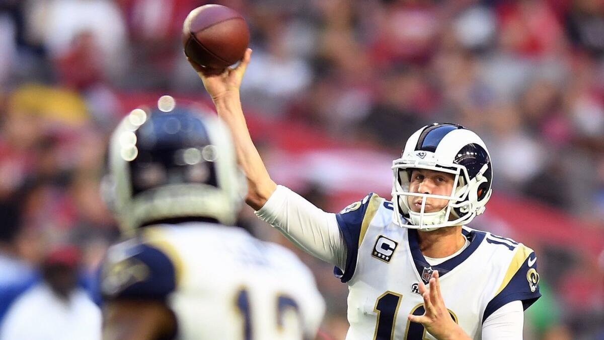 Rams quarterback Jared Goff throws a pass against the Cardinals at State Farm Stadium in Phoenix on Dec. 23, 2018.