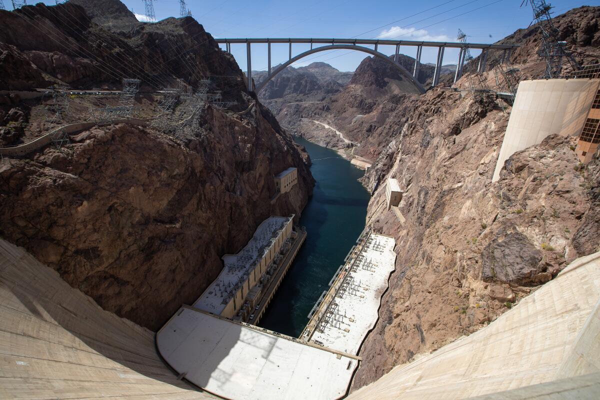 View of the Colorado River continuing past Hoover Dam on April 3. 