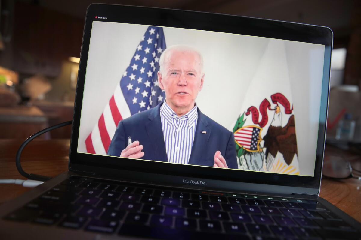 Vice President Joe Biden holds a virtual campaign event with supporters in Chicago in March. 