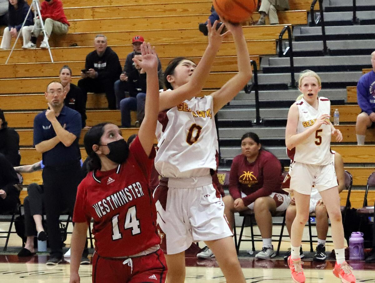 Ocean View's Laney Bae (0) attempts a shot in a Golden West League game at Ocean View High School.