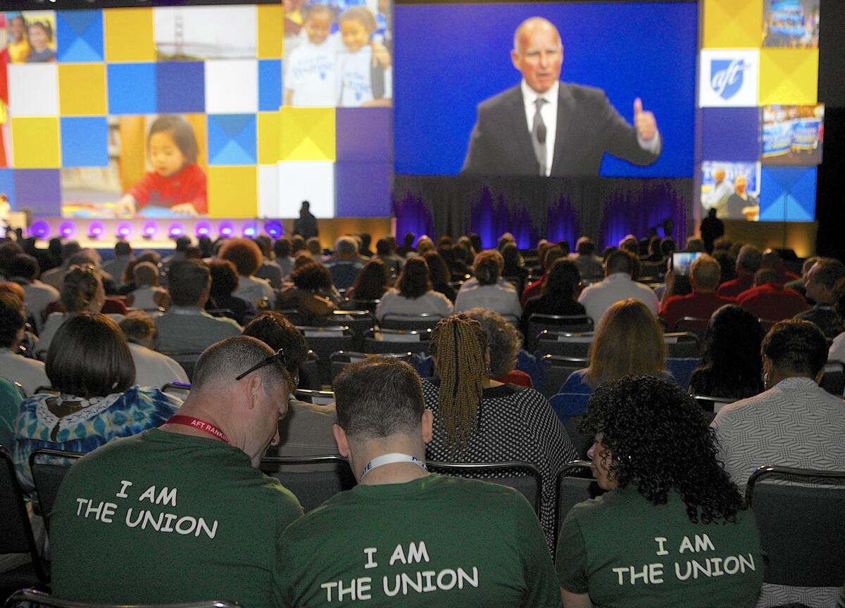 Gov. Jerry Brown addresses the American Federation of Teachers at their Reclaming the Promise convention in Los Angeles in June. Throughout his political career, Brown has had a mutually beneficial relationship with unions.