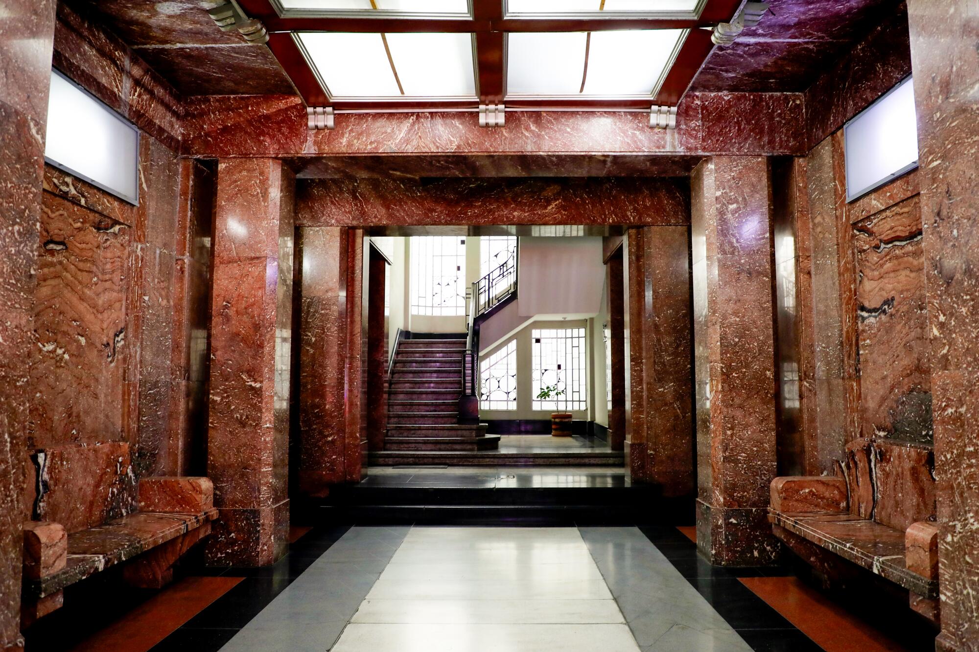 The lobby of an Art Deco building.