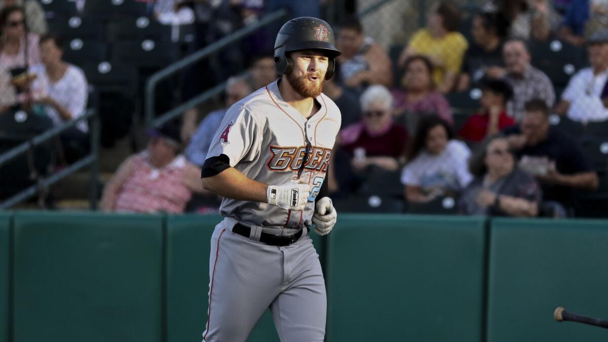 Inland Empire's Jared Walsh is all smiles after hitting a home run against the Lancaster JetHawks at The Hanger on May 8, 2018.