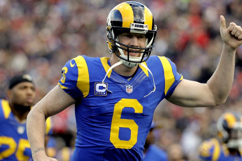 The Rams' Johnny Hekker celebrates after a punt against the 49ers during a game Dec. 24.