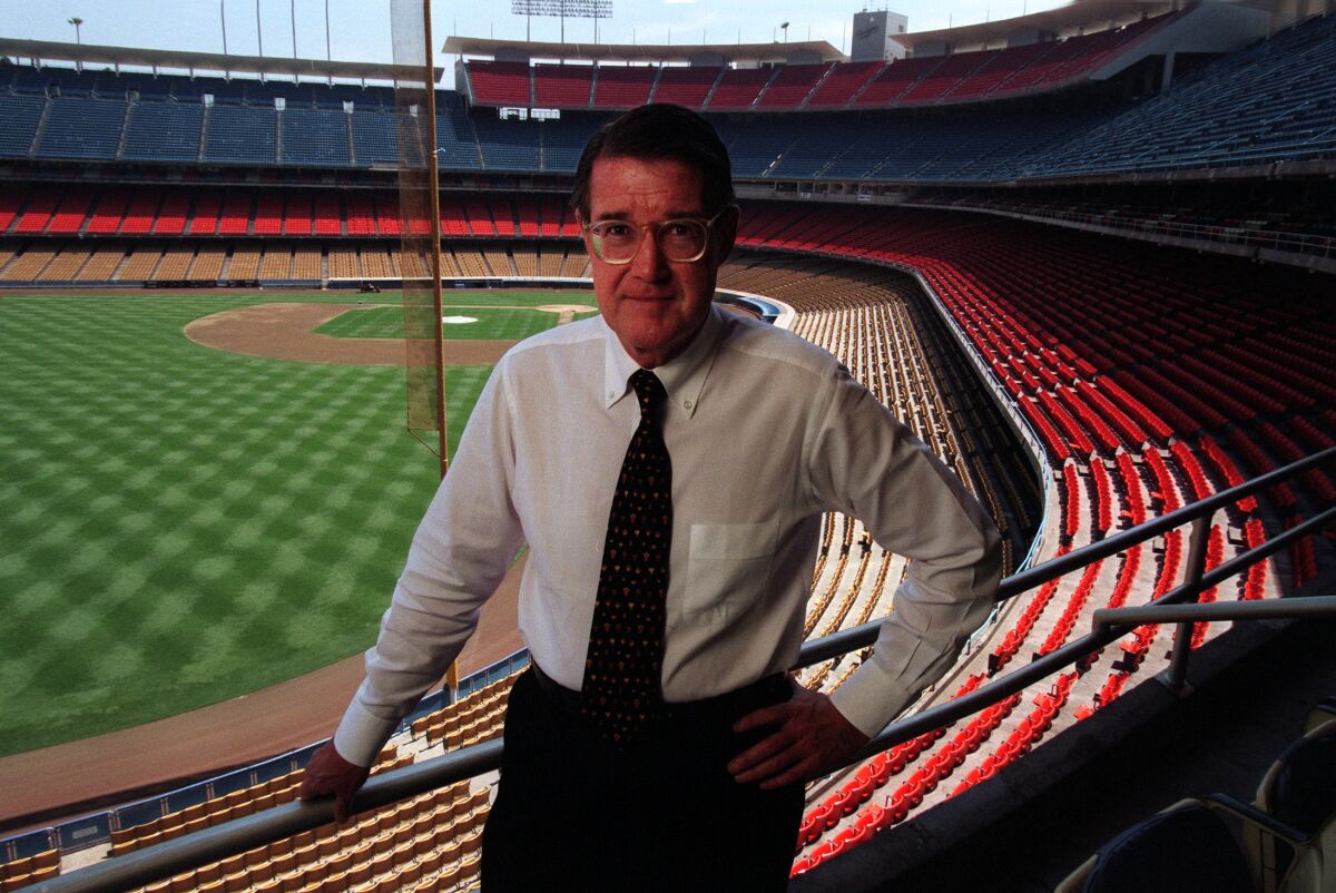 Then Los Angeles Dodgers owner Peter O'Malley outside his offices high in the seats of Dodger Stadium.