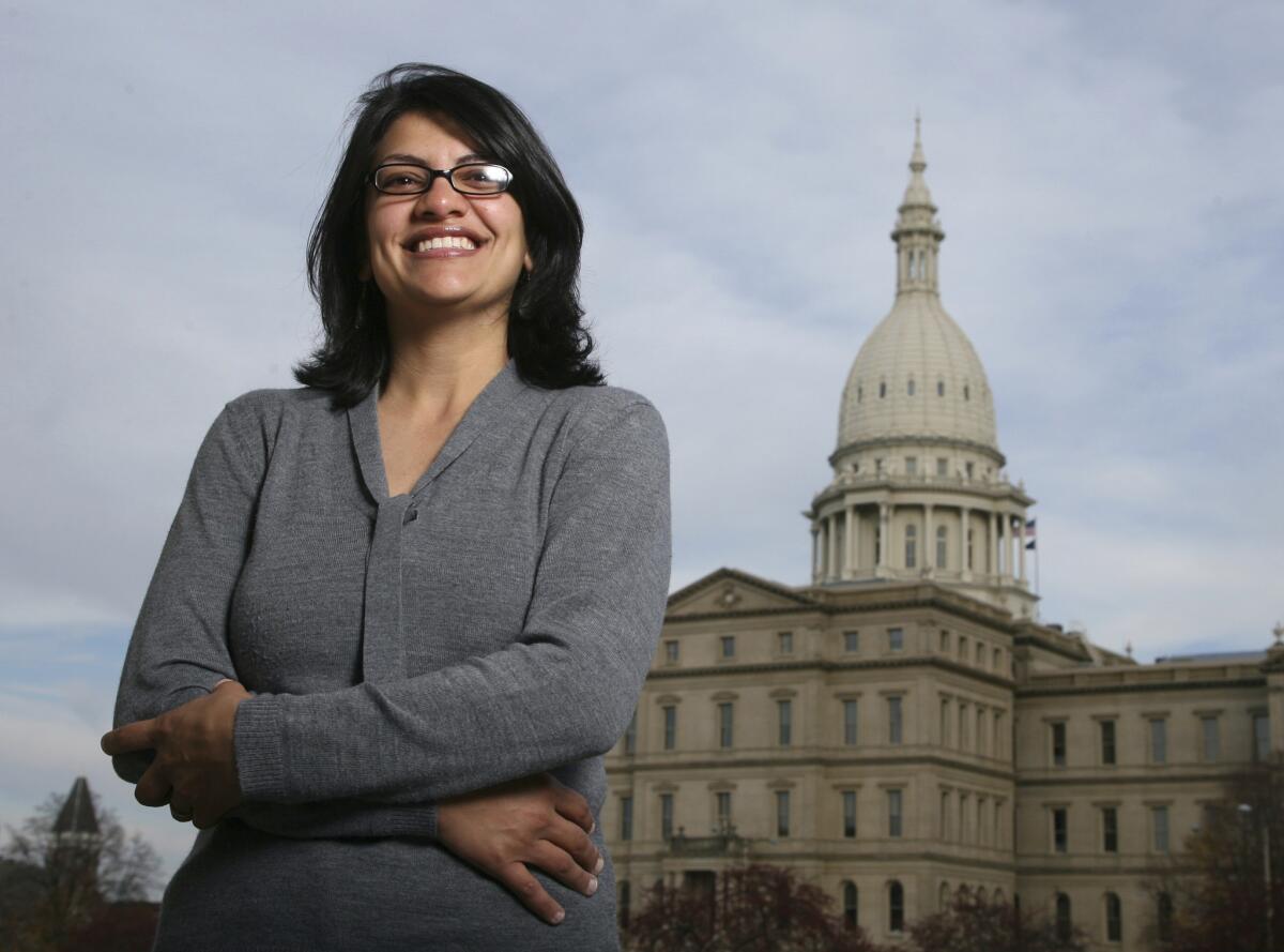 Rashida Tlaib outside the Michigan Capitol in Lansing, Mich., in 2008.
