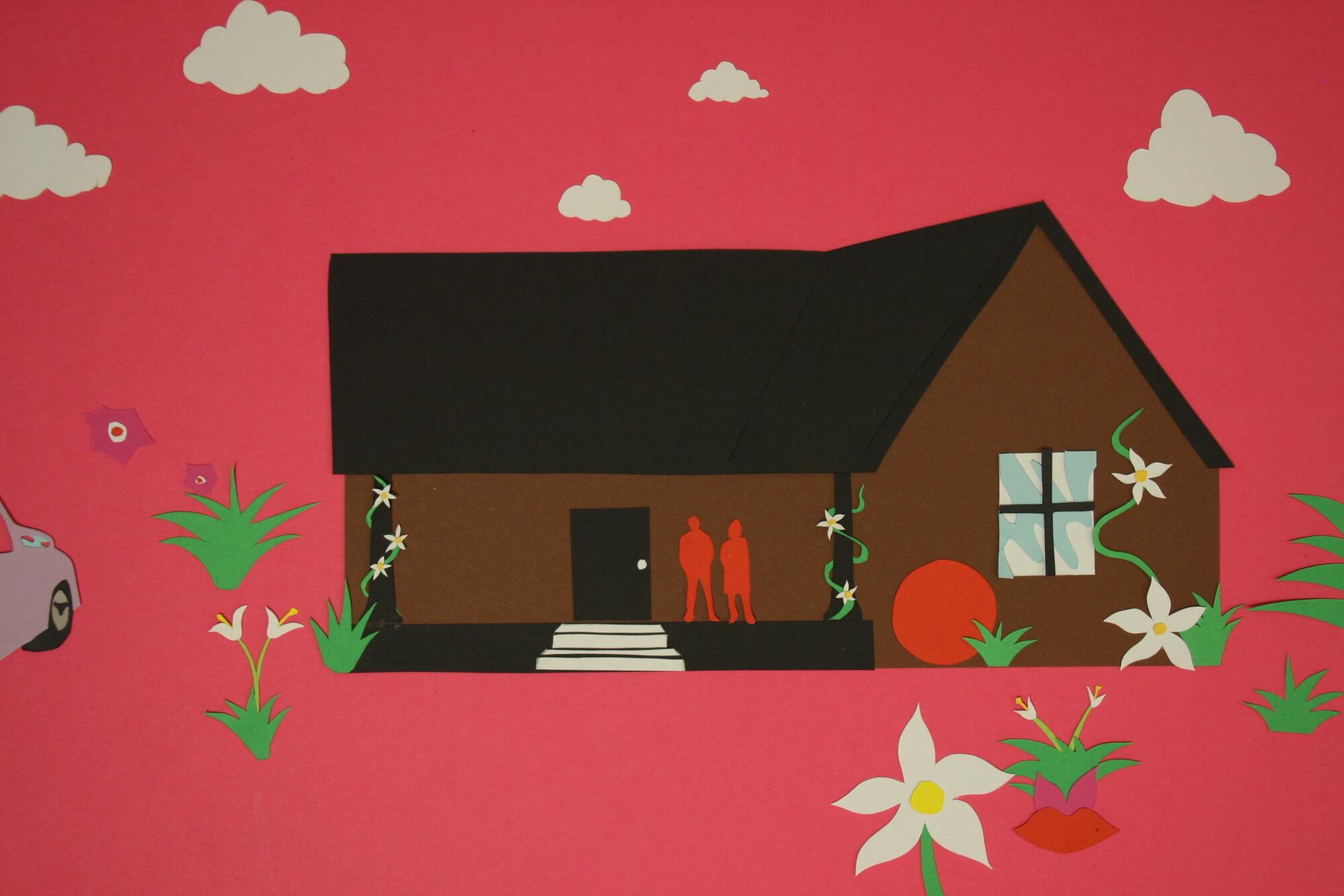 Illustration of a brown house with a black roof with silhouettes of people in red on the porch and plants around it all.