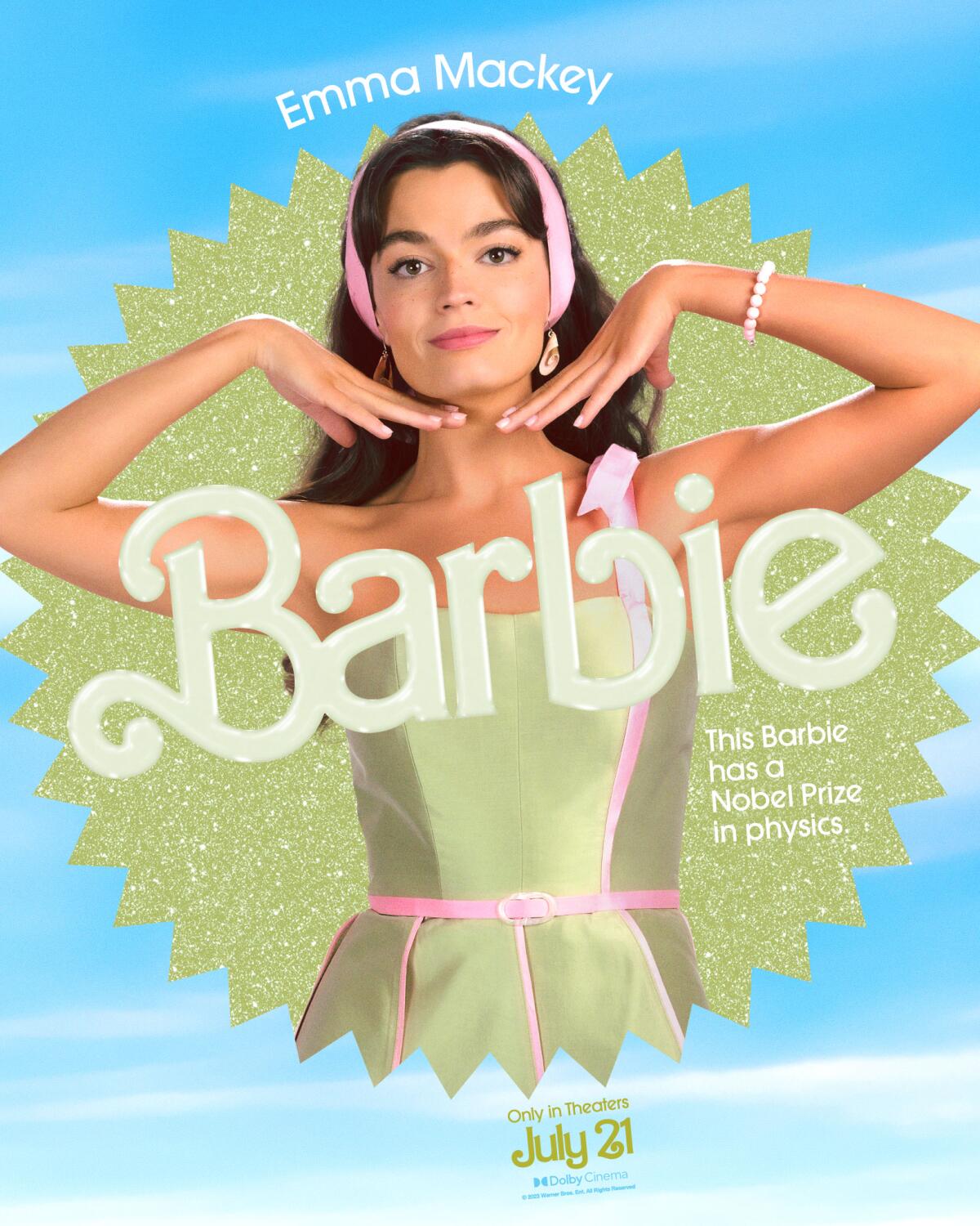 Emma Mackey poses with her hands under her chin in a "Barbie" movie poster. She wears a green dress and a pink headband.