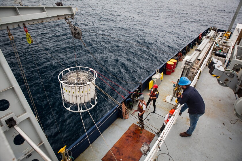 Scripps CalCOFI scientists and technicians deploy sensors over the side of the research vessel Bold Horizon.