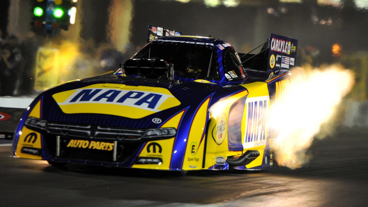 Funny car driver Ron Capps qualifies during the NHRA Thunder Valley Nationals in Bristol, Tenn., this summer.