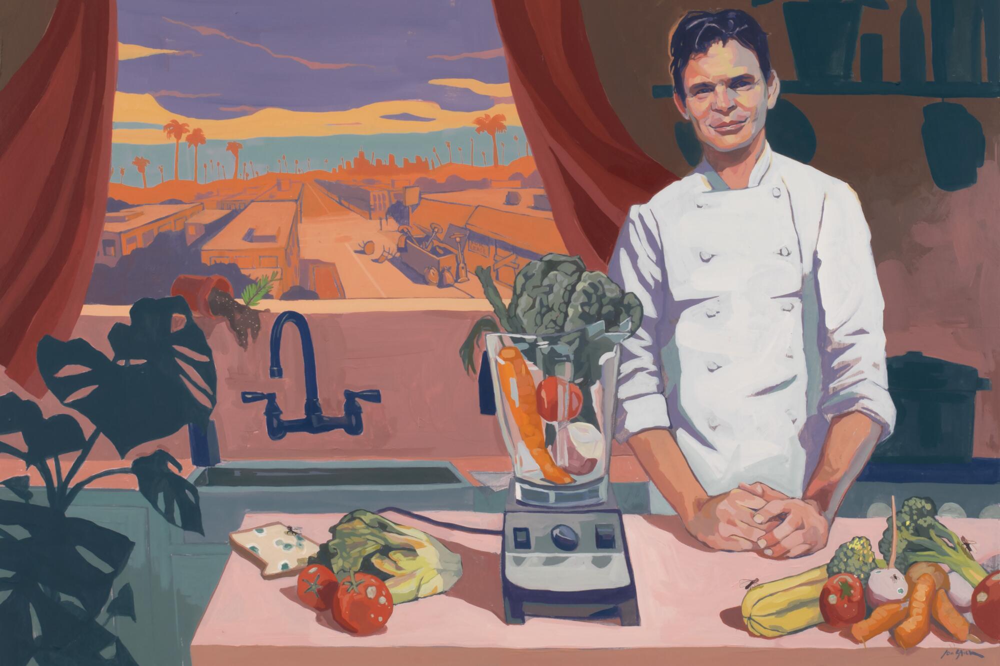 A man in chef's whites stands in a kitchen with a blender full of vegetables