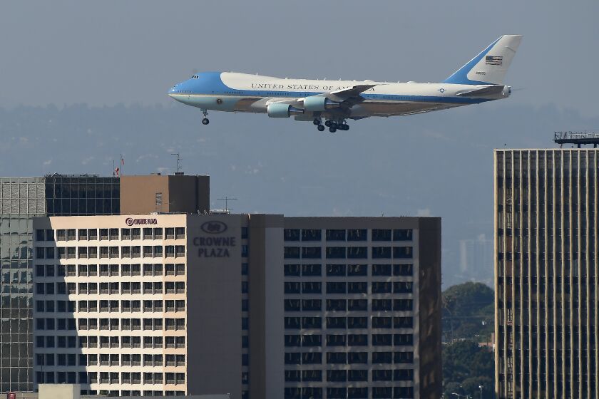 LOS ANGELES, CALIFORNIA SEPTEMBER 17, 2019-Air Force One carrying President Donald Trump lands at LAX Tuesday afternoon. (Wally Skalij/Los Angeles Times)