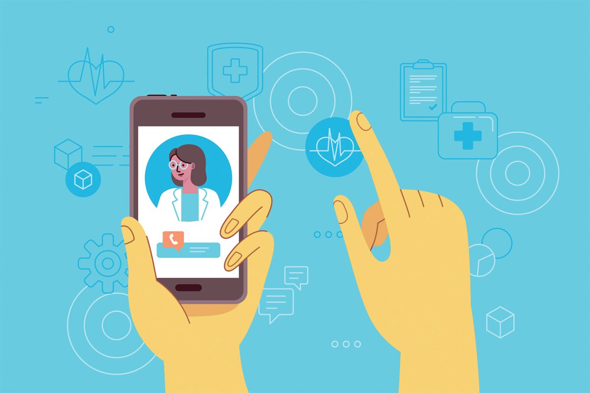 An illustration shows a hand holding a smartphone with a doctor for a video call.