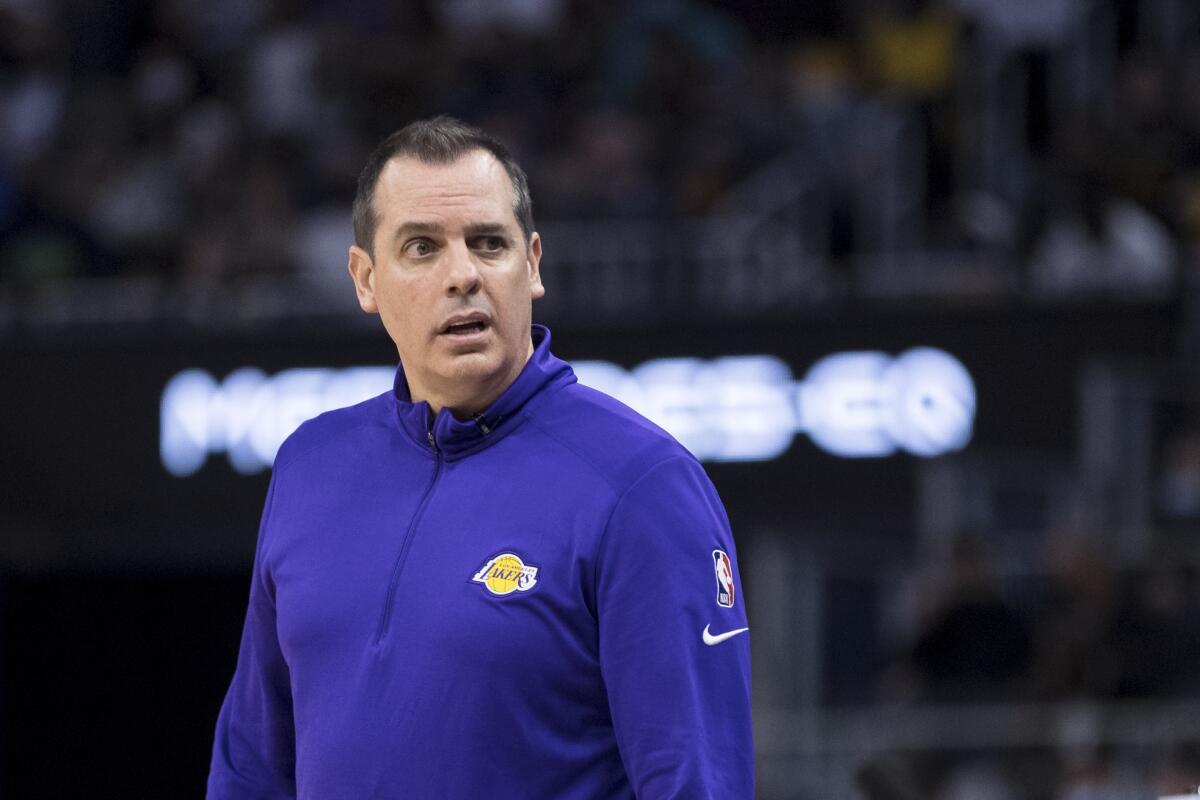 Lakers coach Frank Vogel looks on during the first half Feb. 12, 2022.