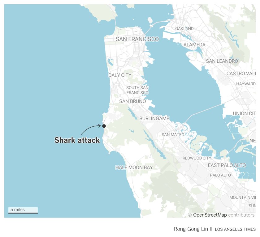 Map showing location of shark attack off San Francisco peninsula