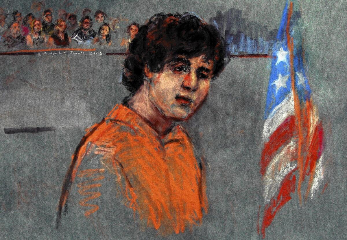 This courtroom sketch depicts Boston Marathon bombing suspect Dzhokhar Tsarnaev during arraignment in federal court last July.
