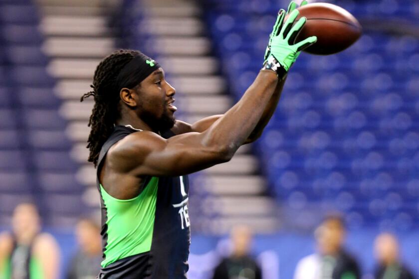 South Carolina State tight end Temarrick Hemingway performs a drill at the NFL scouting combine in February.