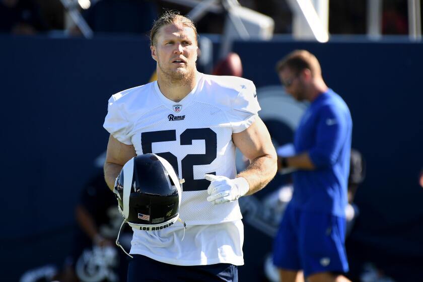 IRVINE, CALIFORNIA JULY 27, 2019-Rams Clay Matthews takes a break training camp at U.C. Irvine Saturday. (Wally Skalij/Los Angeles Times)