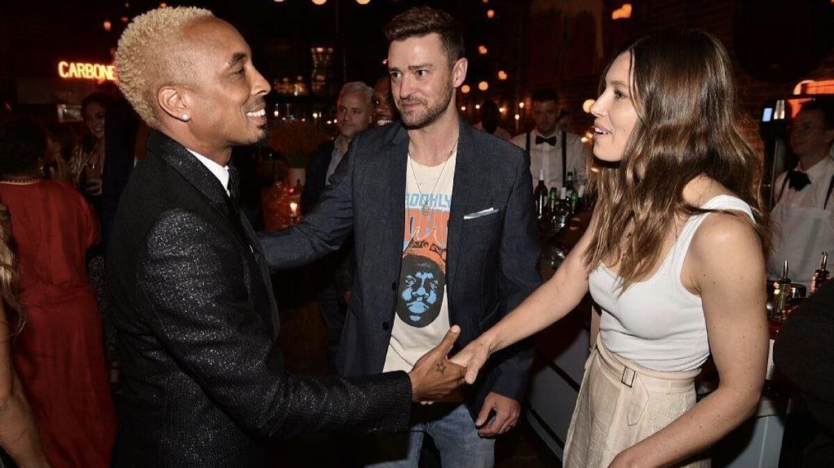 Jessica Biel and husband Justin Timberlake, center, attend a dinner Wednesday in New York City in celebration of Dallas Austin's induction into the Songwriters Hall of Fame.