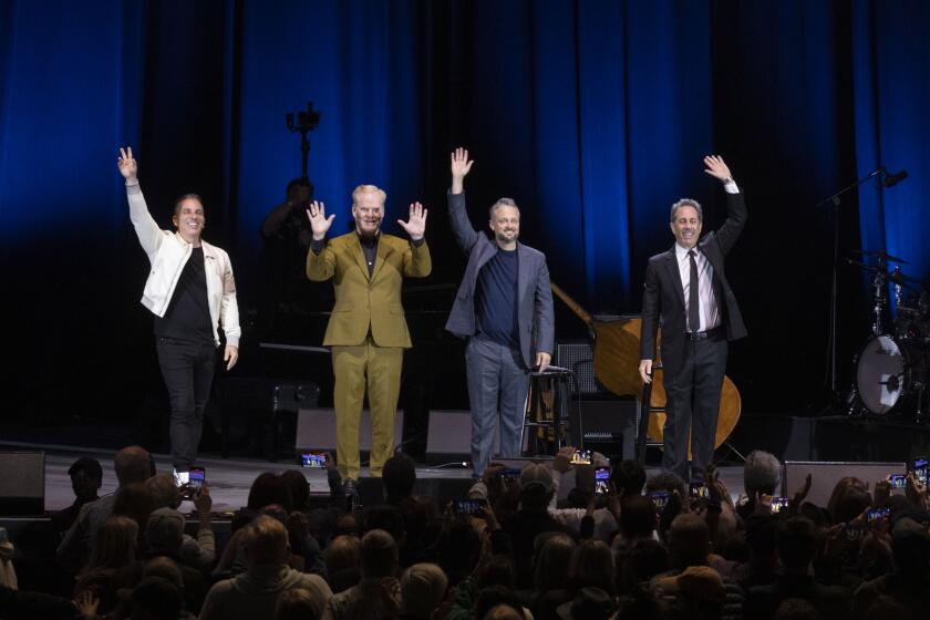 Left to right: Sebastian Maniscalco, Jim Gaffigan, Nate Bargatze and Jerry Seinfeld performing at the Hollywood Bowl.