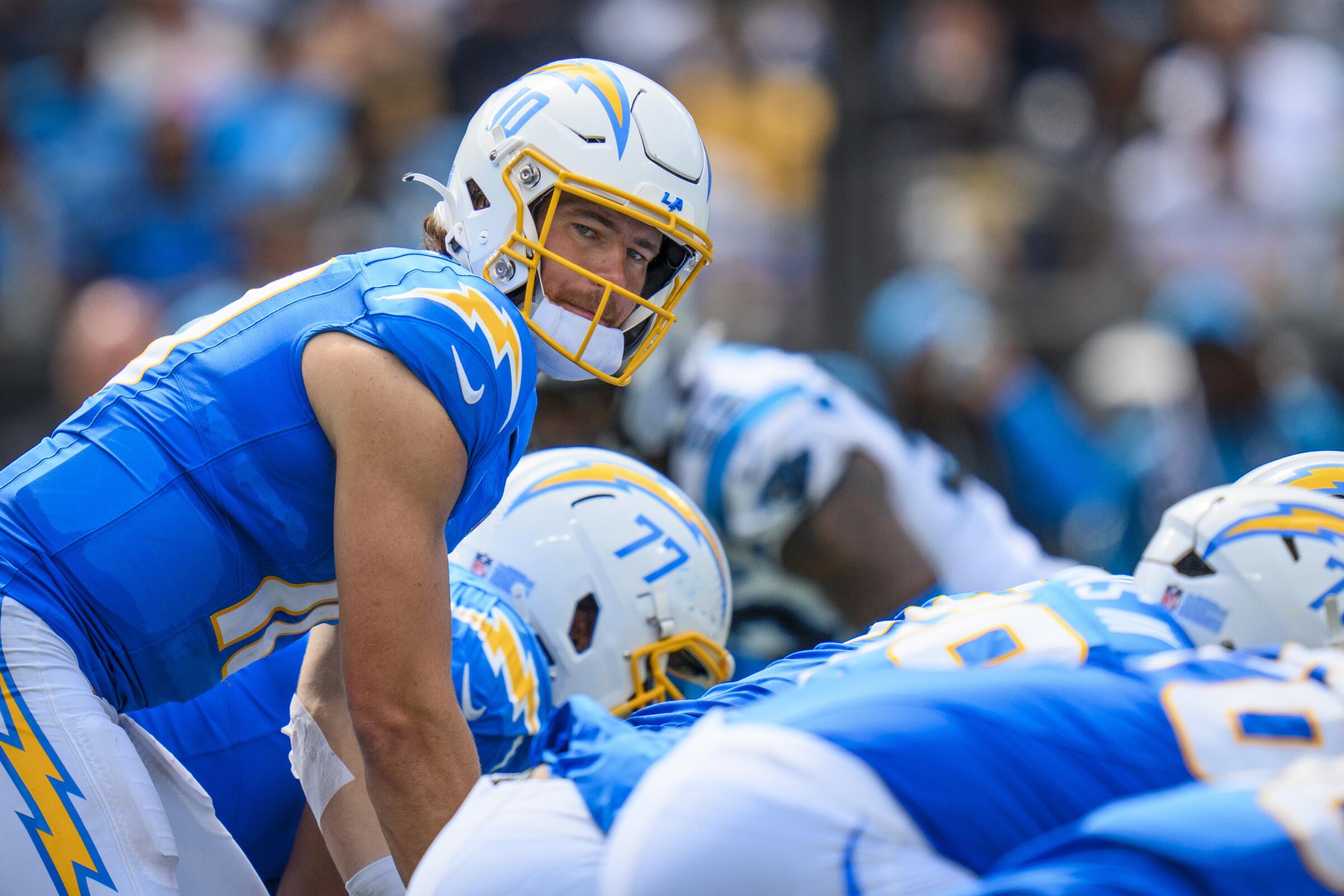 Chargers quarterback Justin Herbert readies for the snap during a win over the Carolina Panthers on Sept. 15.