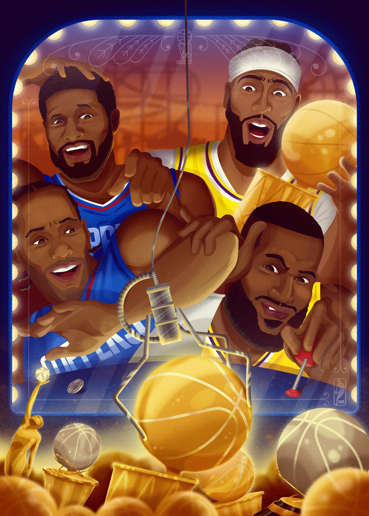 An illustration featuring Lakers and Clippers stars trying to pick out the championship trophy from a claw machine.