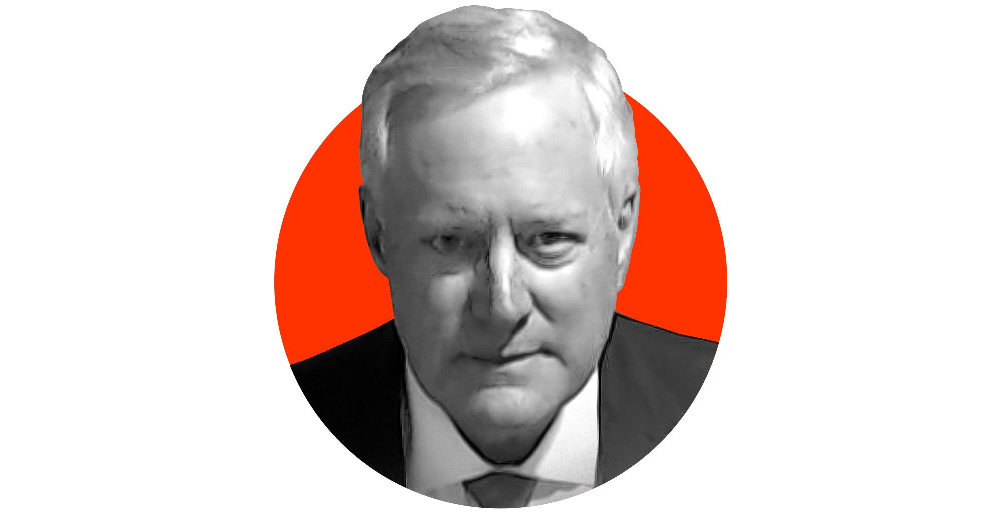 A photo illustration of a black-and-white police booking photo of former Trump aide Mark Meadows emerging from a red circle