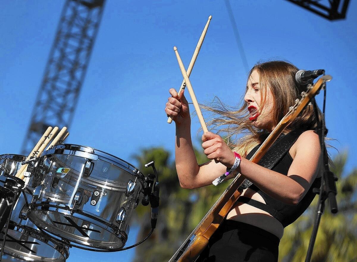 Este Haim from the band Haim performs on stage at the Coachella Valley Music and Arts Festival.