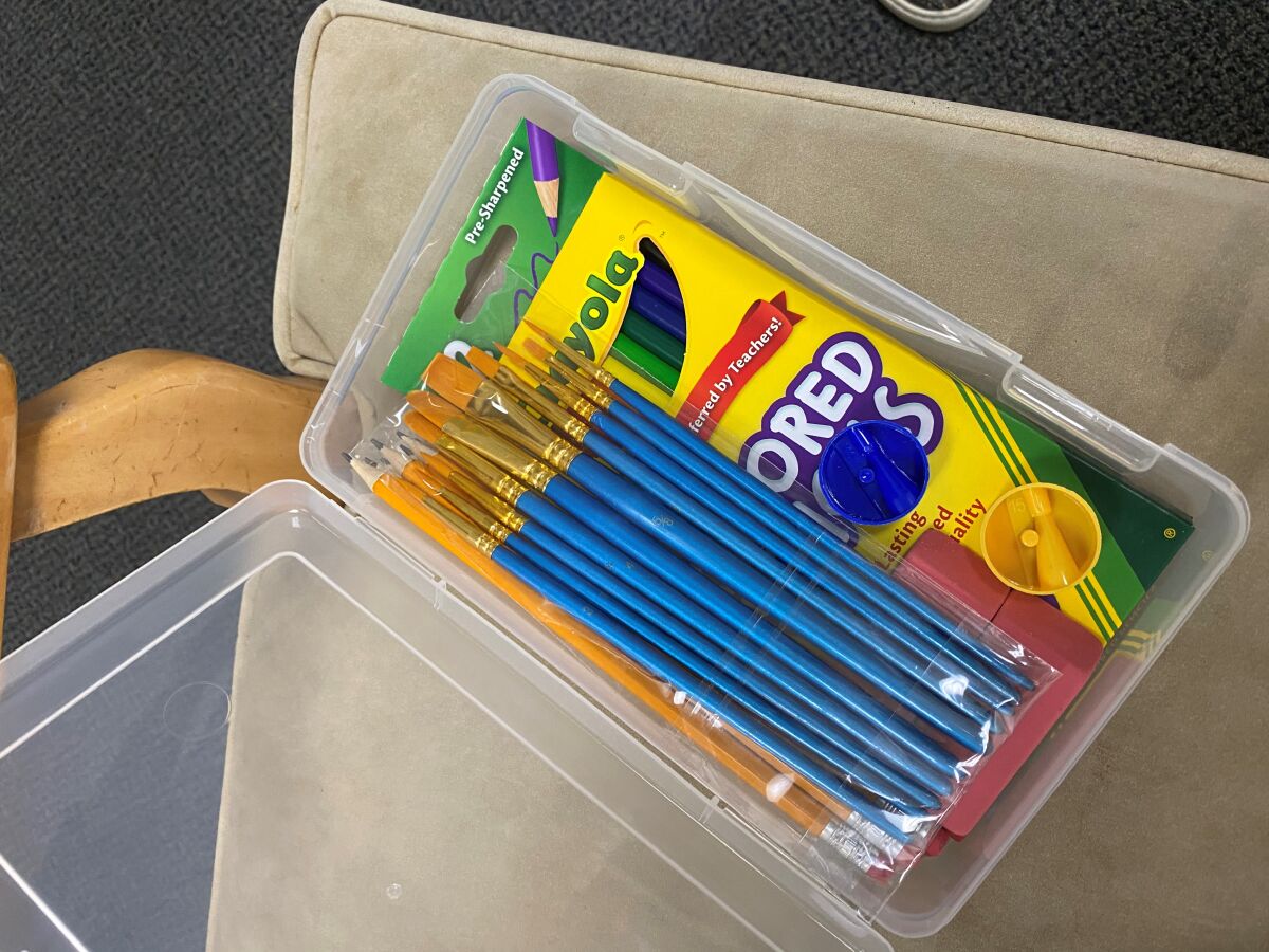 An art kit assembled by volunteers for Creative Sanctuary, a local nonprofit organization that collects art supplies and compiles kits for projects for refugee children.