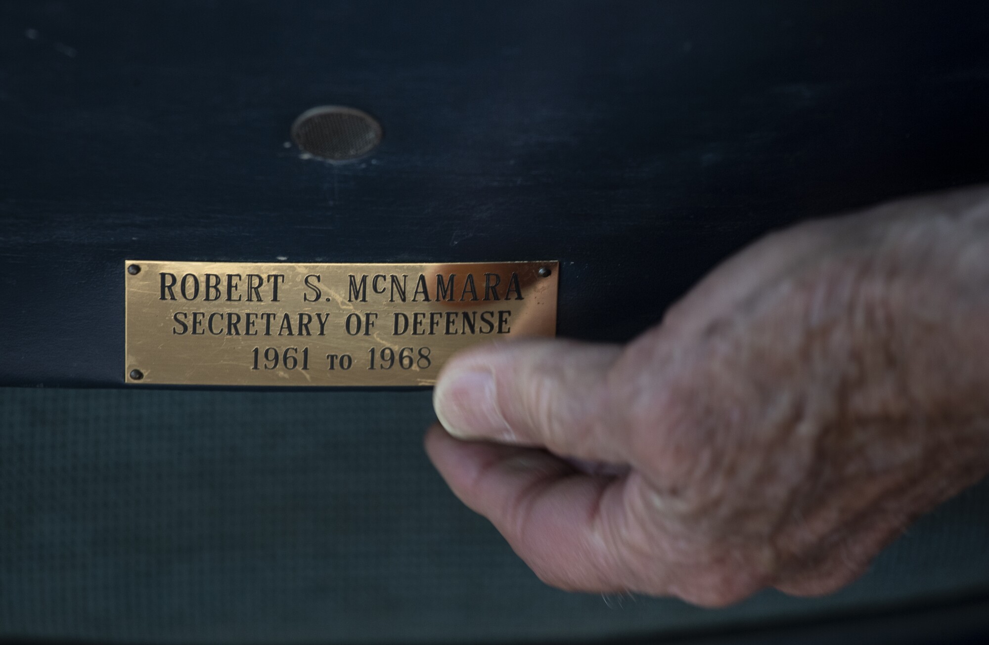 A nameplate on the back of Robert McNamara's chair in the office of his son Craig McNamara