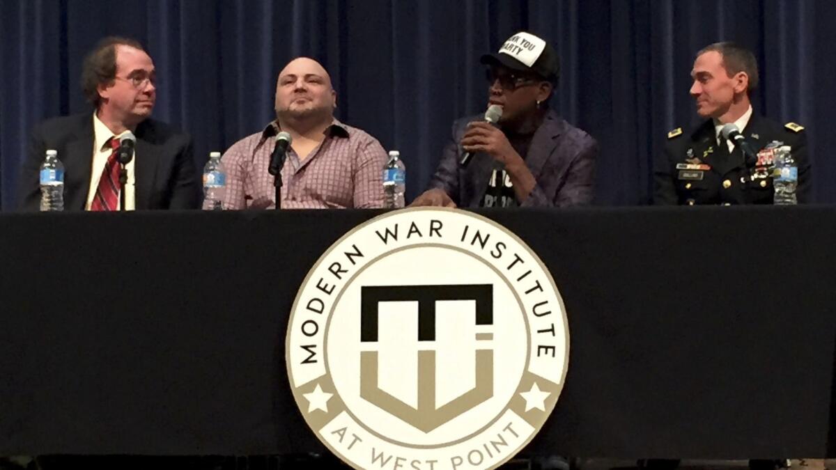 Dennis Rodman, second from right, speaks during a panel session held Friday at the United States Military Academy at West Point.